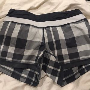 lulu lemon grey and white plaid athletic shorts